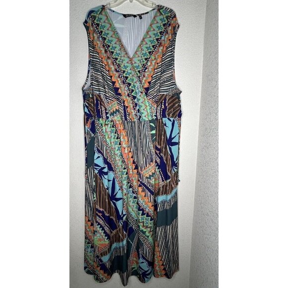Ulla Popken Dress 28/30 Maxi Dress Graphic Print Faux Wrap Colorful Sleeveless - Picture 1 of 11